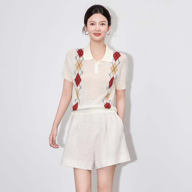 ニットトップス レディース 半袖 ポロ襟 プルオーバー アーガイル柄 バイカラー 超極細 テンセル リネン アクリル 16ゲージ 密編み 薄手 ミドル丈 おしゃ...