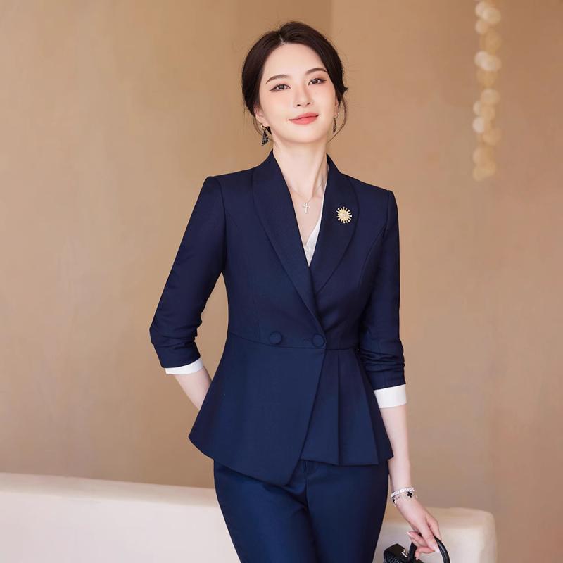 スーツ レディース 秋冬 ビジネス フォーマル セットアップ ショート丈ジャケット ロングパンツ スリムフィット 着痩せ 通勤 オフィス 制服 ユニフォーム 宝飾店 マネージャー 受付 ポリエステル ビスコース 黒 青