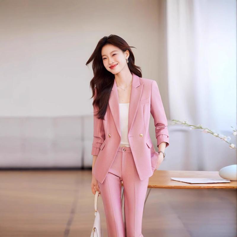 セットアップ レディース ピンク テーラードジャケット ロングパンツ 2点セット ポリエステル 伸縮性 オフィス カジュアル ビジネス フォーマル 長袖 高級感 エレガント 春秋冬