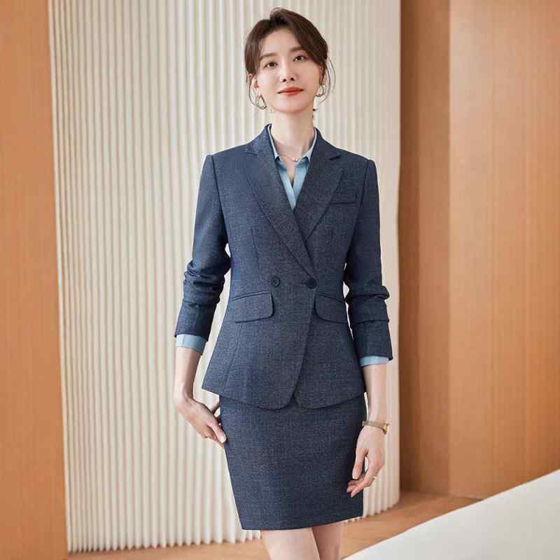 セットアップ レディース ブルー 青 高級感 春秋冬 長袖 テーラードジャケット シャツ ブラウス パンツ ズボン スカート 4点セット ポリエステル スパンデックス エレガント 上品 オフィス 通勤 フォーマル