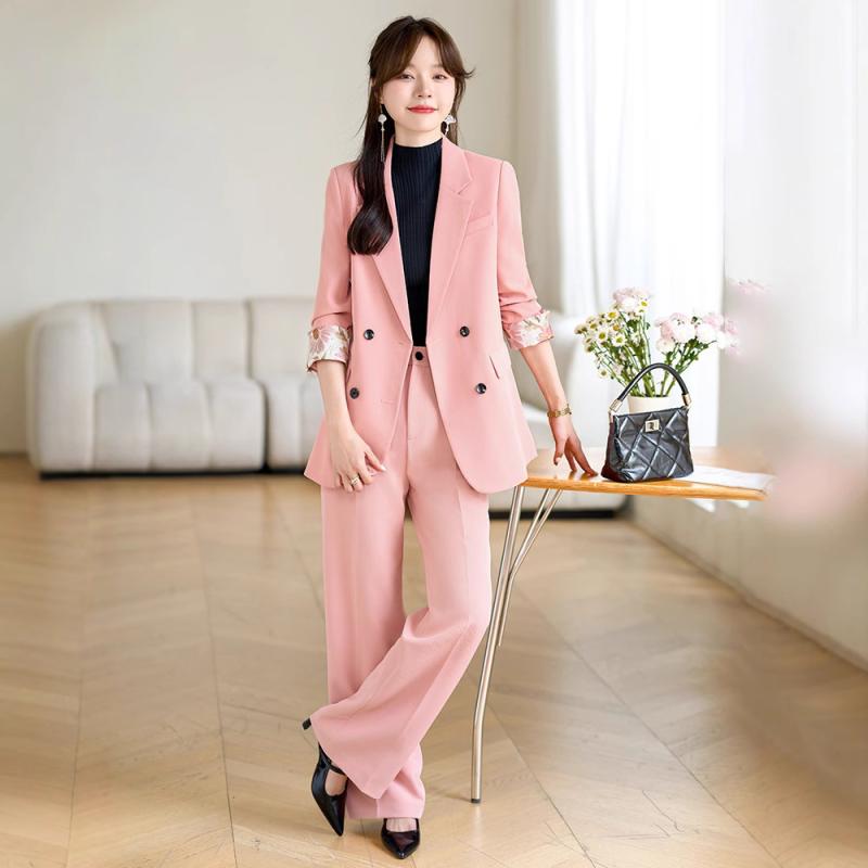 スーツ レディース ピンク セットアップ ダブルブレスト テーラードジャケット ロングパンツ 2点セット オフィス ビジネス 通勤 小柄向け 上品 エレガント ポリエステル ストレッチ 秋冬