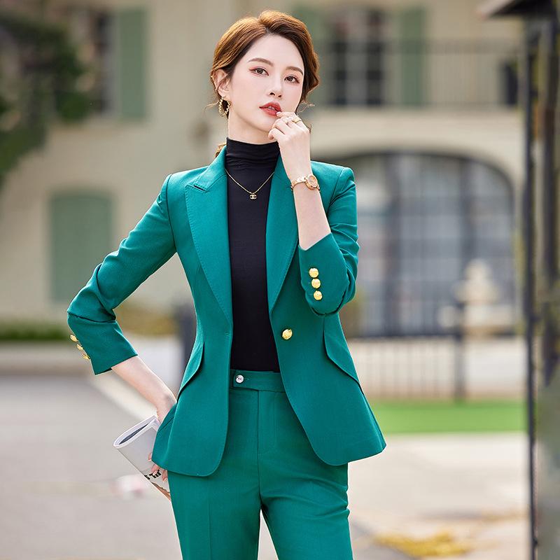 セットアップ レディース 春秋 グリーン 長袖 テーラードジャケット アウター オフィス ビジネス 通勤 フォーマル ポリエステル ロングパンツ ボトムス きれいめ 上品 2点セット