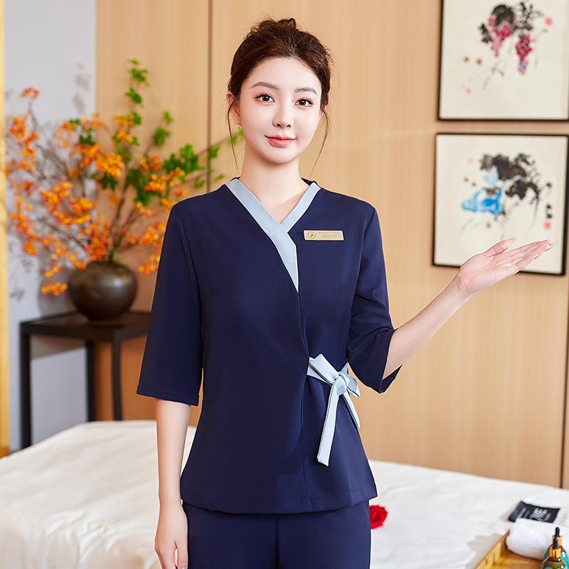 制服 レディース 女性用 美容師 ネイル スパ エステ アートメイク 施術 サロンワーク ユニフォーム パンツスーツ 上下セット ストレッチ 伸縮性 Vネック 五分袖 長ズボン 吸湿速乾 ポリエステル スパンデックス