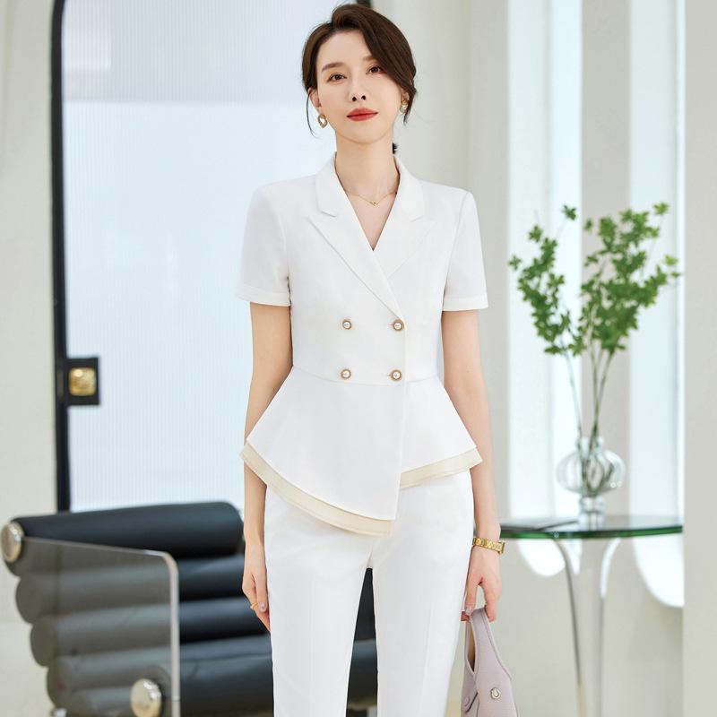 パンツスーツ レディース 女性用 春夏 薄手 軽量 半袖 テーラードジャケット テーラードカラー おしゃれボタン ポリエステル スパンデックス 伸縮性 吸湿速乾 オフィス ビジネス 通勤 仕事 フォーマル 制服 セットアップ