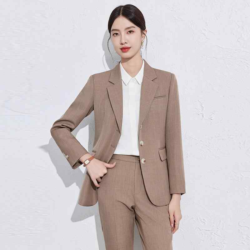 セットアップ レディース ブラウン 春秋冬 長袖 テーラードジャケット ブラウス ロングパンツ 3点セット 通勤 ビジネス オフィス フォーマル エレガント 上品 ポリエステル ストレッチ素材