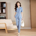 セットアップ レディース 半袖 ショート丈 テーラードジャケット パンツ 2点セット 春夏 水色 ライトブルー オフィス ビジネス 通勤 オフィスカジュアル 上品 エレガント きれいめ フォーマル ポリエステル素材 着回し