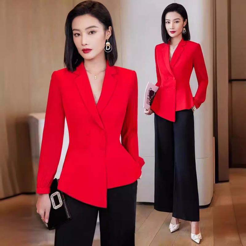 セットアップ レディース 高級感 長袖 テーラードジャケット アシンメトリー裾 ワイドパンツ 春秋 通勤 オフィス ビジネス フォーマル きれいめ ポリエステル