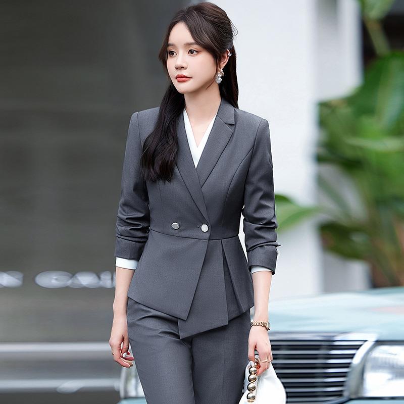 スーツ レディース 春秋冬 ビジネス オフィス 通勤 フォーマル ジャケット セットアップ 事務服 受付 美容室 制服 ユニフォーム 高級感 エレガント 上品 ポリエステル 伸縮性 ネイビー ブラック グレー 女性用