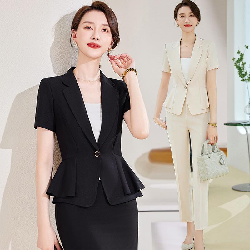 セットアップ レディース 女性用 ビジネス オフィス 制服 ユニフォーム ホテル受付 美容院 エステ サロン 事務服 薄手 春夏 スカート パンツ アプリコット ベージュ ブラック