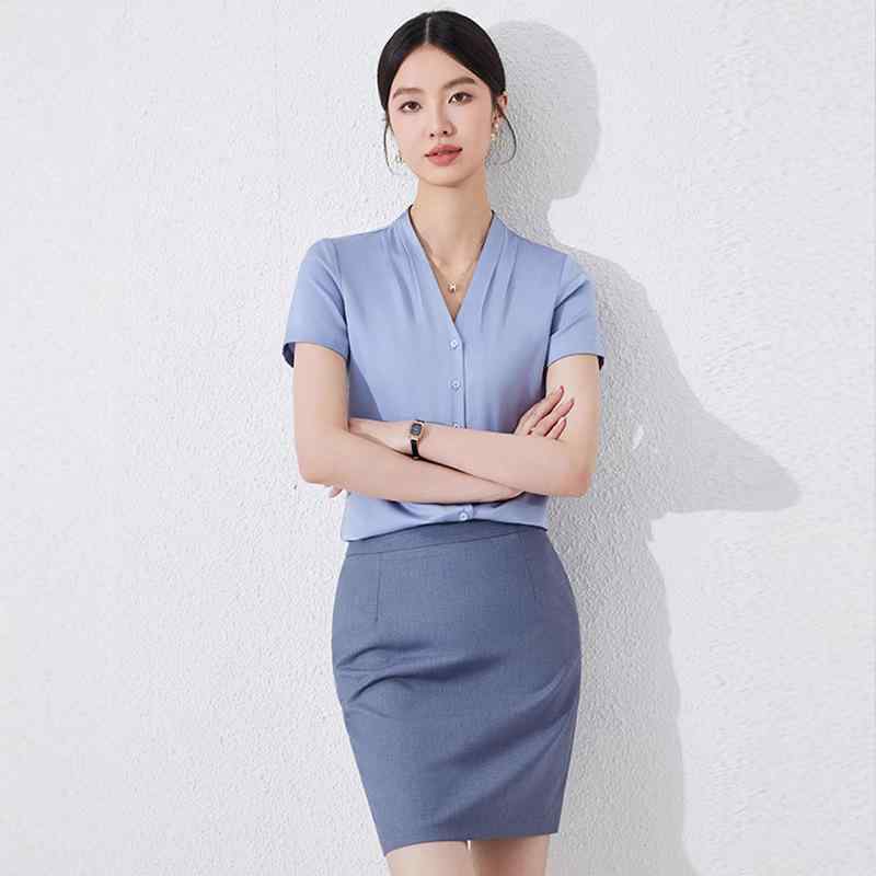 ブラウス レディース Vネック 半袖 薄手 春夏 通勤 オフィス ビジネス フォーマル 小柄 シフォン ポリエステル セットアップ スカート エレガント 上品