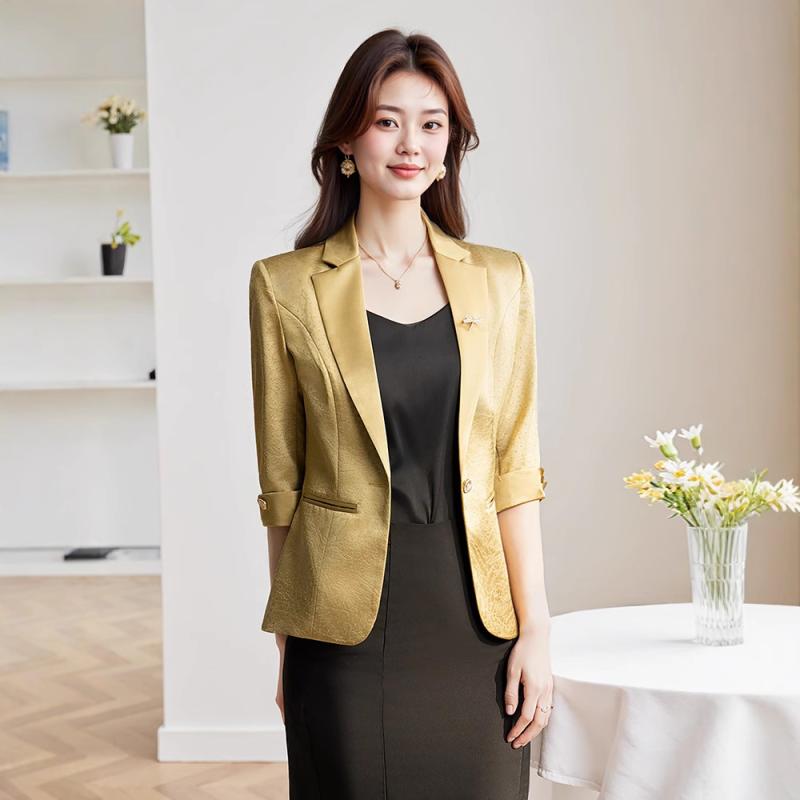 ブレザー レディース 春夏 イエロー 女性用 スリムフィット 7分袖 ポリエステル スパンデックス 韓国風 通勤 オフィス ビジネス エレガント きれいめ カジュアル アウター