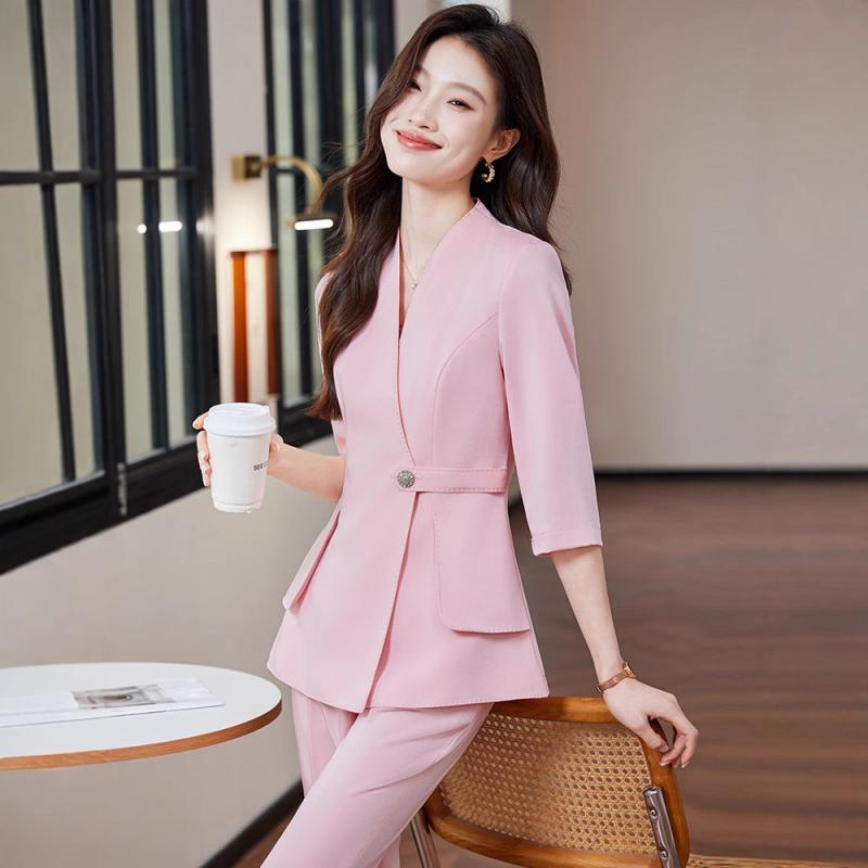 テーラードジャケット レディース 春夏 薄手 軽量 七分袖 ピンク シャンパンカラー オフィス ビジネス フォーマル 通勤 事務服 美容院 制服 ユニフォーム 小柄 小さいサイズ ポリエステル素材