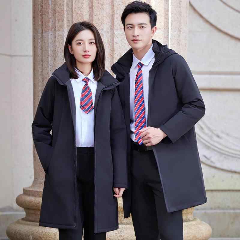 中綿コート 男女兼用 ユニセックス ミドル丈 パーカージャケット 作業服 ワークウェア 制服 ユニフォーム 秋冬 防寒 厚手 暖かい 銀行 ホテル 警備 警備員 コットン ポリエステル スリムフィット 襟付き