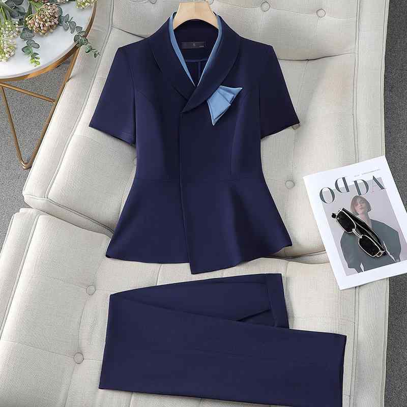 スーツ レディース 女性用 春夏 セットアップ 高級感 美容院 ワークユニフォーム 制服 マネージャー 職業服 ビジネス オフィス 通勤 エレガント フェミニン ポリエステル 半袖 ロングパンツ