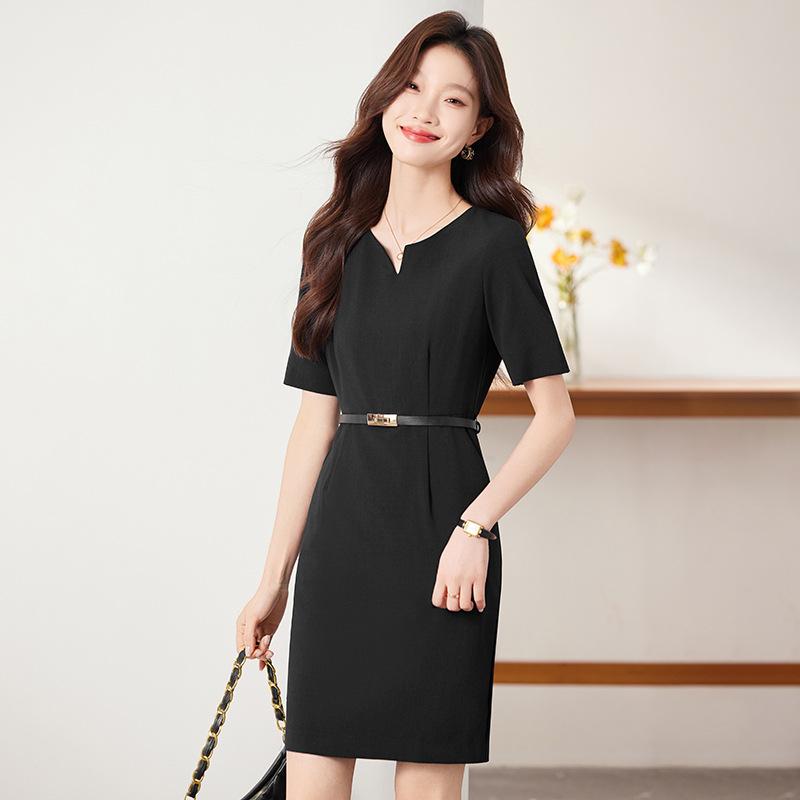 ワンピース レディース Vネック 半袖 Aライン オフィス 通勤 ビジネス 事務服 制服 エレガント きれいめ 正装 ネイビー 黒 ポリエステル 伸縮性 シワになりにくい 春夏 ミディ丈