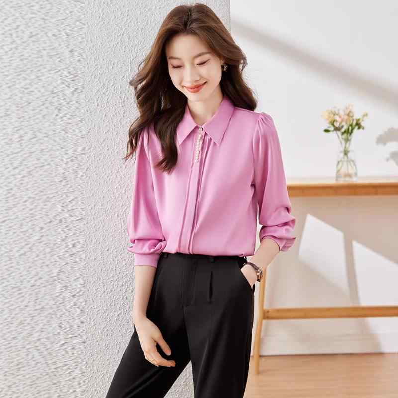 シャツ レディース 女性用 薄手 フレンチカジュアル きれいめ 上品 前開き 長袖 ポリエステル ポリウレタン 春秋 通勤 オフィス デザイン性 トップス ローズピンク ホワイト