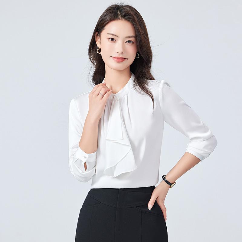ブラウス レディース 長袖 秋物 オフィス 通勤 ビジネス フレンチシック デザイン 上品 きれいめ トップス パールホワイト スモーキーブルー ピスタチオグリーン 竹繊維