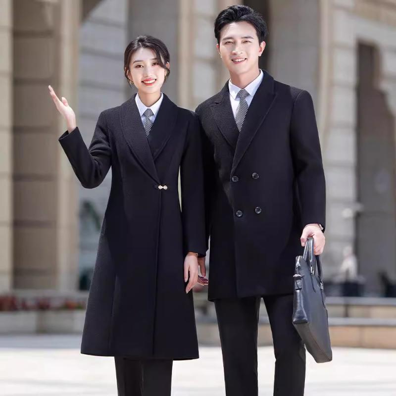 コート 男女兼用 メンズ レディース ビジネス オフィス ホテル 受付 通勤 接客 事務 制服 ユニフォーム メルトン ウール調 厚手 ミドル丈 テーラードカラー ダブルボタン 黒 紺 ポリエステル ビスコース シワになりにくい 上質 秋冬