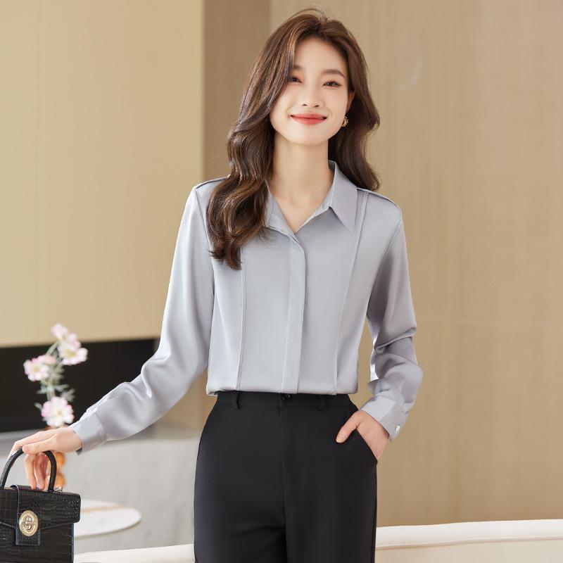 Long-Sleeved - ブラウス レディース サテン 長袖 春夏 上品 エレガント デザイン 個性的 着痩せ 着回し万能 カジュアル きれいめ 通勤 オフィス 無地 ポリエステル トップス