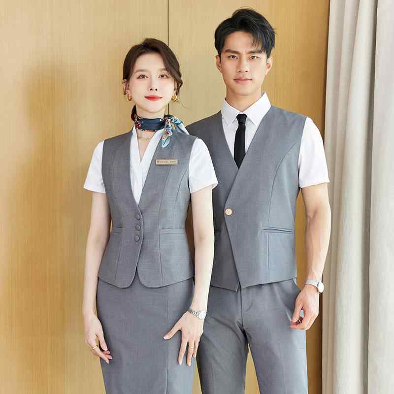 ベスト レディース 春夏 オフィス ビジネス 制服 ユニフォーム ジレ 女性用 Vネック 一つボタン ポリエステル 再生繊維 グレー ブルー 上品 通勤 事務服