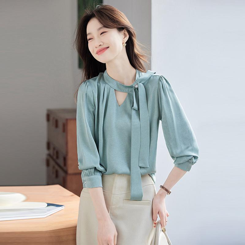 Long-Sleeved - ブラウス レディース リボンタイ Vネック 長袖 トップス ポリエステル 無地 ゆったり 高級感 デザイン 上品 春夏 通勤 オフィス カジュアル プルオーバー グリーン