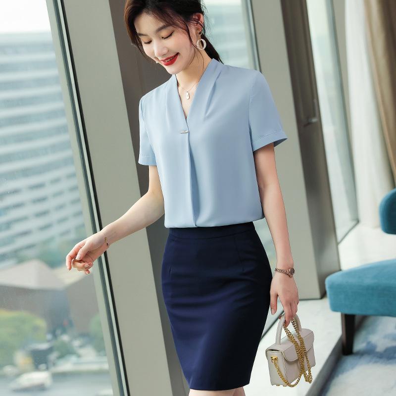 シャツ レディース 女性用 半袖 Vネック ブラウス シフォン ポリエステル 薄手 春夏 オフィス OL 事務服 正装 ビジネス 通勤 ホテル 受付 ジュエリーショップ 職業服 上品 エレガント トップス