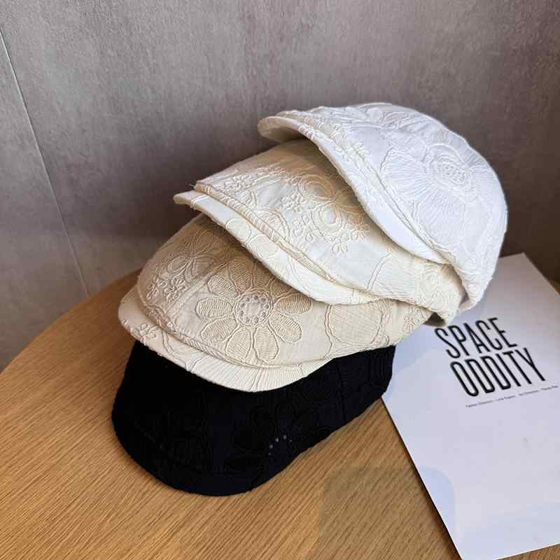 ベレー帽 レディース レトロ レース 花柄刺繍 韓国ファッション 個性派デザイン 通気性 日よけ対策 春夏秋 黒 白 ベージュ ライトカーキ おしゃれ カジュアル 普段使い