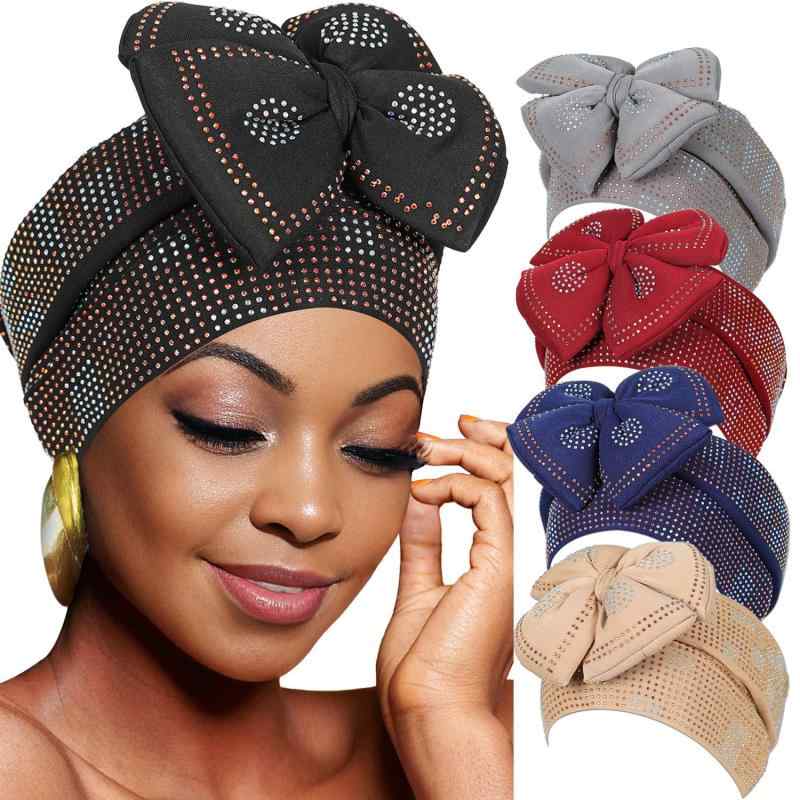 ターバン レディース ヘッドスカーフ ポリエステル リボン ラインストーン 花柄 欧米風 インド風 オー..