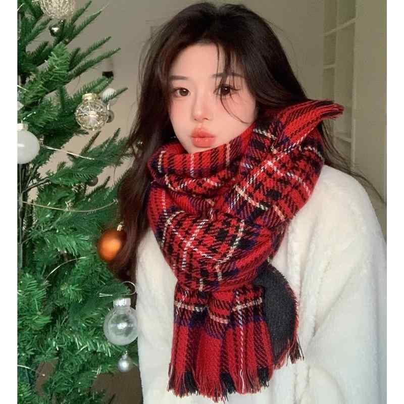 マフラー レディース レッド 韓国風 チェック柄 カシミヤタッチ フェイクカシミヤ 保温 防寒 定番 ストール 秋冬 学生 カップル 贈り物 プレゼント 高級感 おしゃれ 通勤 通学