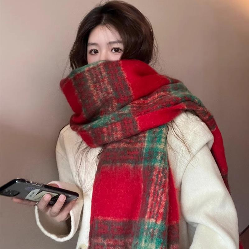 マフラー レディース ストール ショール フェイクカシミヤ カシミヤタッチ モヘア 厚手 大判 フリンジ 高級感 クリスマスレッド 赤 チェック柄 秋冬 学生 通勤 通学 普段使い 防寒