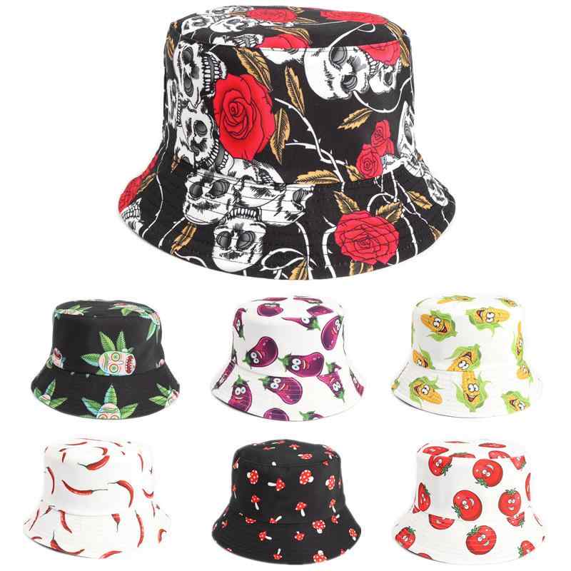バケットハット 男女兼用 欧米風 野菜柄 キャラクタープリント リバーシブル UVカット 日よけ 綿混 ポ..