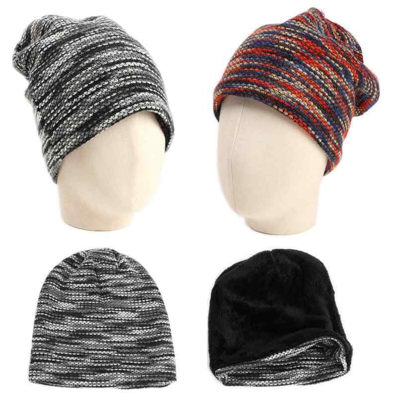 ニット帽 ユニセックス 秋冬 裏起毛 厚手 防寒 防風 保温 ゆったり ルーズ カラフル ストライプ柄 ビー..