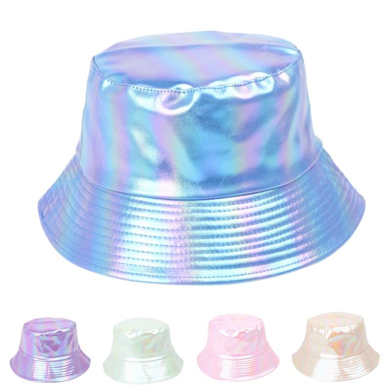 バケットハット 男女兼用 欧米風 PUレザー レーザー反射 カラフル グラデーション シャイニー 光沢 エナメル 日よけ UVカット つば広 カジュアル