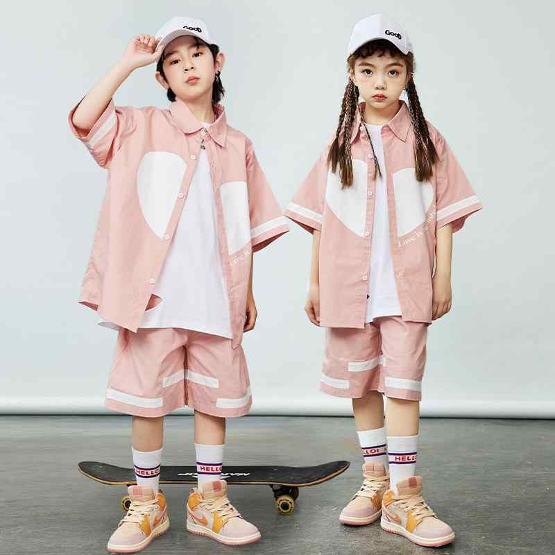 ダンス衣装 キッズ ジュニア 男女兼用 ヒップホップ セットアップ 上下セット ストリート クール おしゃれ 発表会 舞台 イベント パフォーマンス 半袖 ショートパンツ 綿 コットン 夏