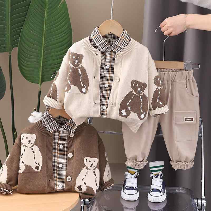 Occidental Goods - キッズ 男の子 かっこいい くま柄 長袖 セーター ニット 3点セット カジュアル おしゃれ 韓国風 プルオーバー 綿 コットン 柔らかい 肌触り 春秋 普段着 デイリー