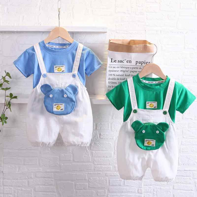 ベビーウェア 男の子 男児 幼児 オーバーオール サロペット ショートパンツ 半袖トップス クマ柄 春夏 薄手 綿混 おしゃれ かわいい ブルー 青系 普段使い お出かけ 2点セット