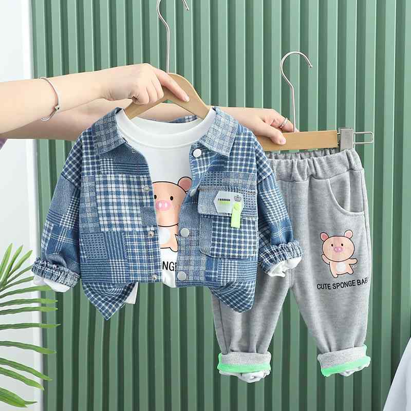 ベビー服 男の子 幼児 1歳 2歳 3歳 ブタ デニム 3点セット 長袖トップス 長ズボン 上下セット 綿 コットン 韓国風 カジュアル 普段着 お出かけ 春秋 ブラック