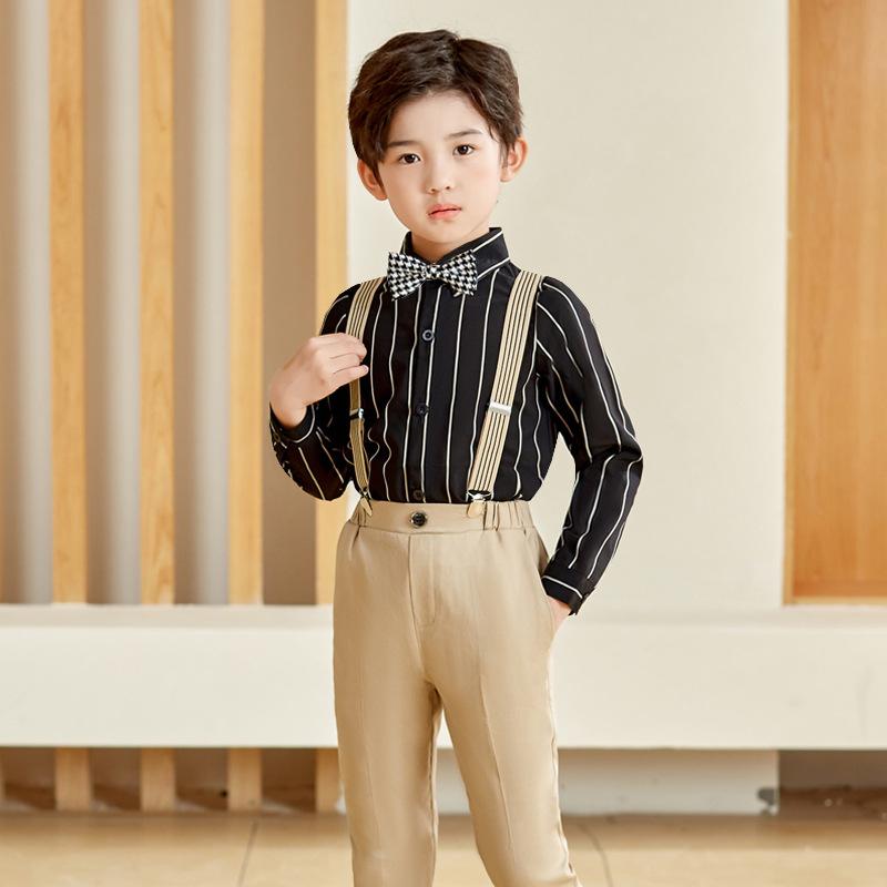 スーツ 男の子 男児 フォーマルウェア 長袖 長ズボン パンツ サスペンダー セットアップ 礼服 セレモニースーツ ストライプ柄 蝶ネクタイ ブリティッシュスタイル 入学式 卒業式 発表会 結婚式 お受験 司会者 春秋 ポリエステル混紡