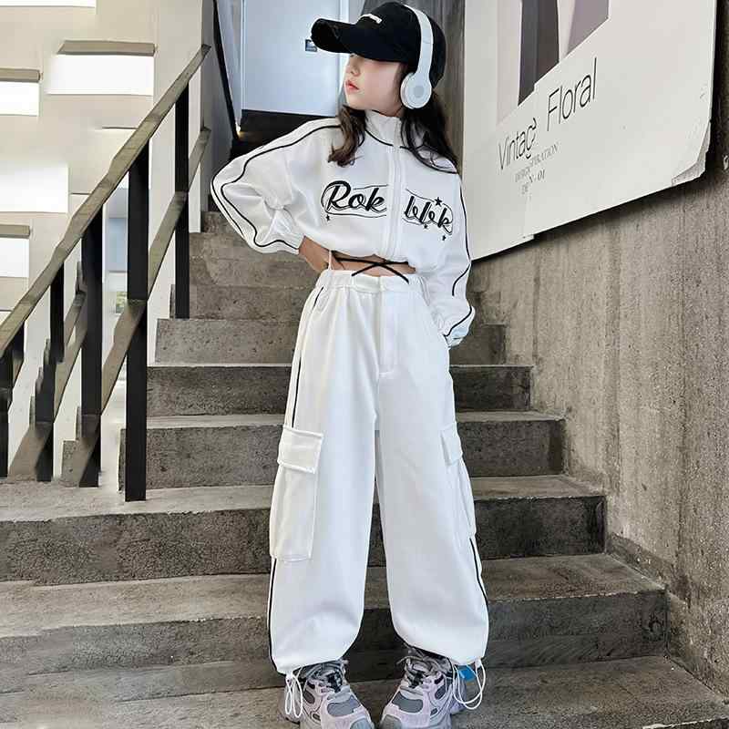キッズ 女の子 ジャズダンス ヒップホップ ストリートダンス ウェア 練習着 セットアップ 上下セット 韓国風 ゆったり ルーズフィット スポーツウェア ジャージ コットン 春秋 ホワイト ブラック