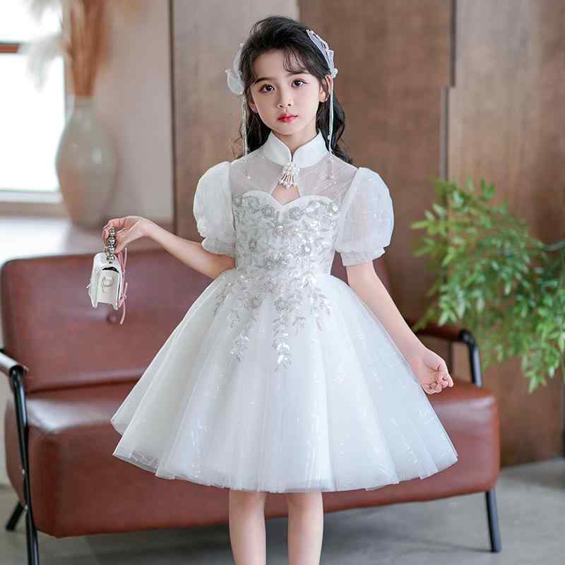 子供 女の子 ドレス フォーマル プリンセス チュールスカート 結婚式 発表会 演奏会 ダンス フラワーガール ロング丈 ボリューム エレガント 春夏 白 シャンパンカラー ポリエステル 綿 ジュニア