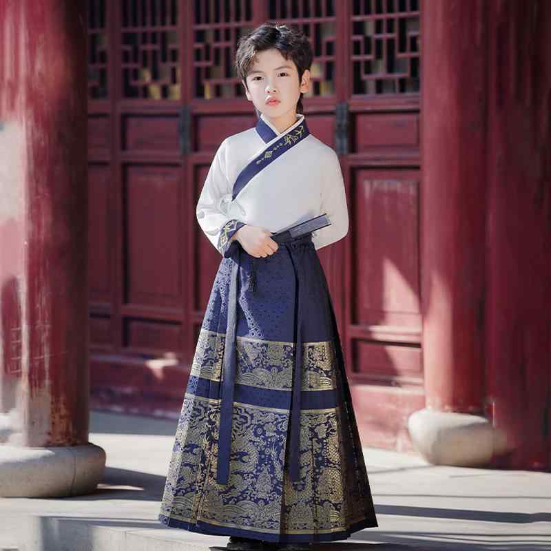 漢服 男の子 ジュニア 馬面スカート セットアップ 上下セット 中国風 新中式 古装 発表会 舞台 演出 衣装 コスチューム ポリエステル アジアン ネイビー レッド ブラック 子供 ボーイズ