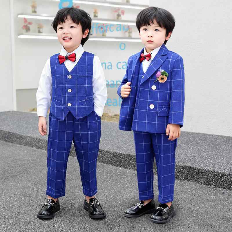 キッズ 男の子 フォーマルスーツ 礼服 セレモニースーツ スリーピース セットアップ 英国風 結婚式 発表会 七五三 初誕生日 誕生日 入学式 卒園式 卒業式 パーティー ポリエステル チェック柄 ブルー系 高級感 上品