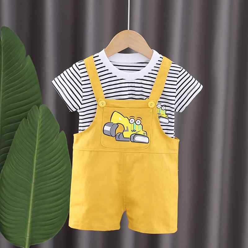ベビー服 赤ちゃん服 男の子 女の子 男女兼用 1歳 2歳 3歳 半袖 かわいい サロペット ショートパンツ セットアップ 夏 韓国風 綿 コットン ストライプ柄 ショベルカー柄 建機柄 ブルー イエロー 普段着 お出かけ