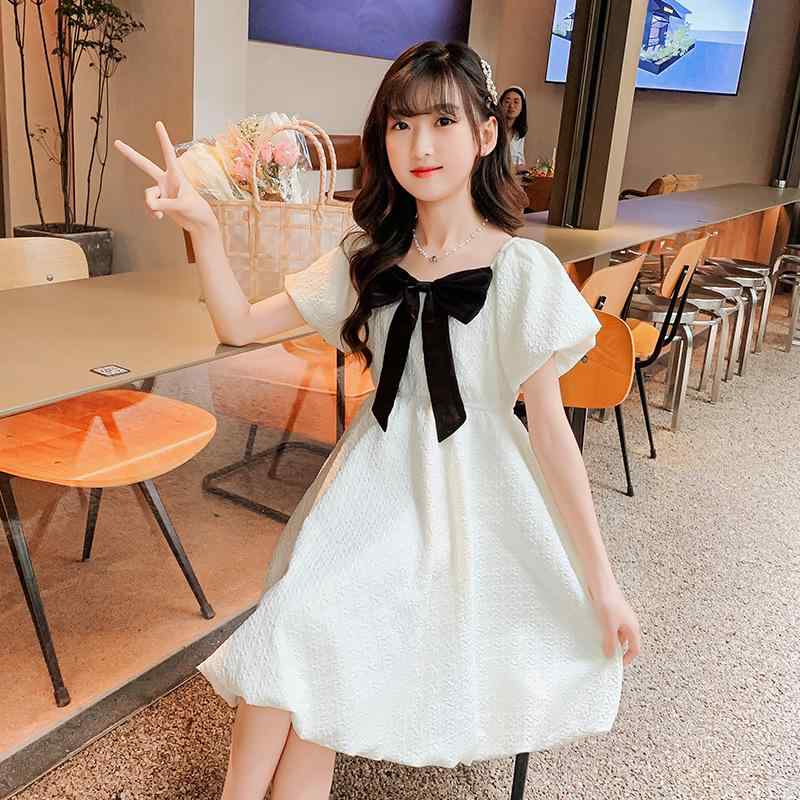 ワンピース 女の子 キッズ 春夏 パフスリーブ バルーンスリーブ プリンセスドレス 韓国風 かわいい おしゃれ 普段着 お出かけ ポリエステル 混紡 ホワイト