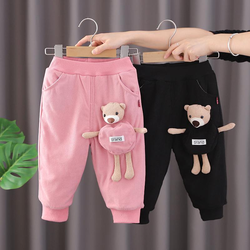 パンツ ベビー 女の子 キッズ 子供 綿 厚手 長ズボン 秋冬 暖かい 防寒 裏起毛 カジュアル 普段着 お出かけ クマ柄 ポケット付き 柔らか