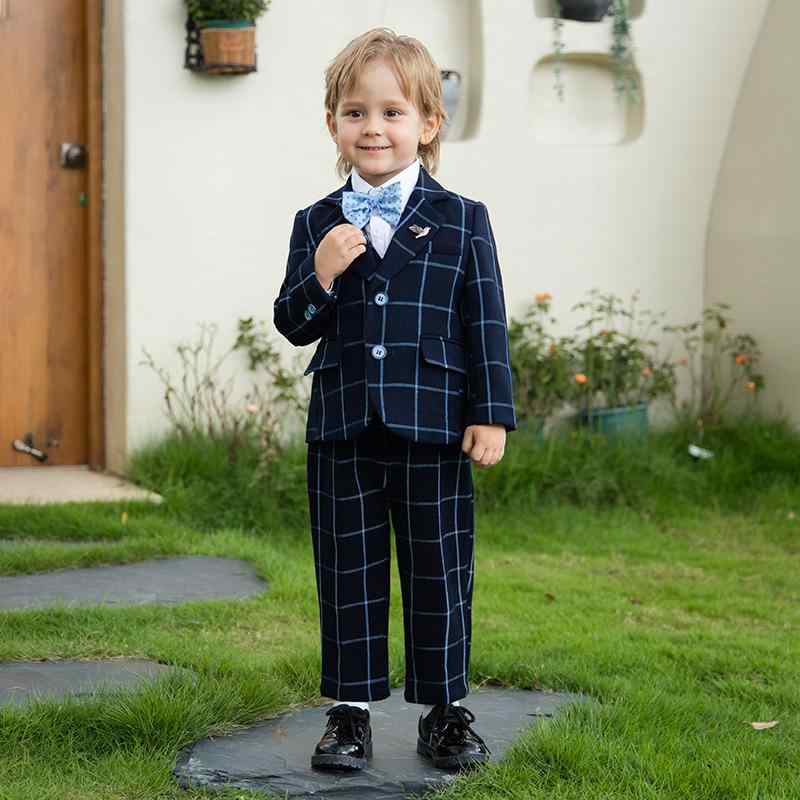 キッズスーツ 男の子 セットアップ フォーマルウェア 礼服 春秋冬 結婚式 ウェディング リングボーイ ピアノ発表会 演奏会 ステージ衣装 卒園式 入学式 卒業式 おしゃれ 英国風 チェック柄 長袖 シングルブレスト ポリエステル混紡 ネイビー