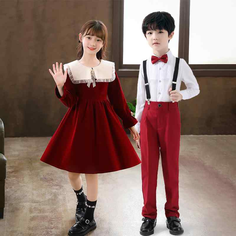発表会衣装 キッズ 男女兼用 男の子 女の子 合唱 朗読 ダンスドレス フォーマルスーツ セットアップ 赤..