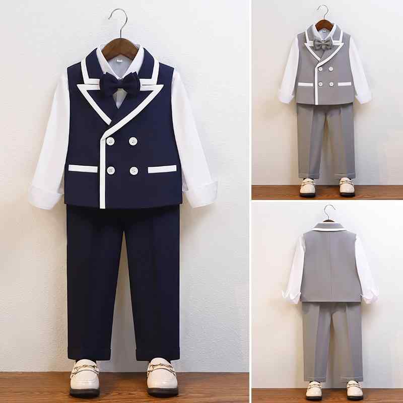 スーツ 男の子 フォーマルウェア セレモニースーツ ベストセット 長ズボン 蝶ネクタイ 英国風 結婚式 誕生日 発表会 ピアノ 司会 イベント衣装 ポリエステル 酵素洗浄