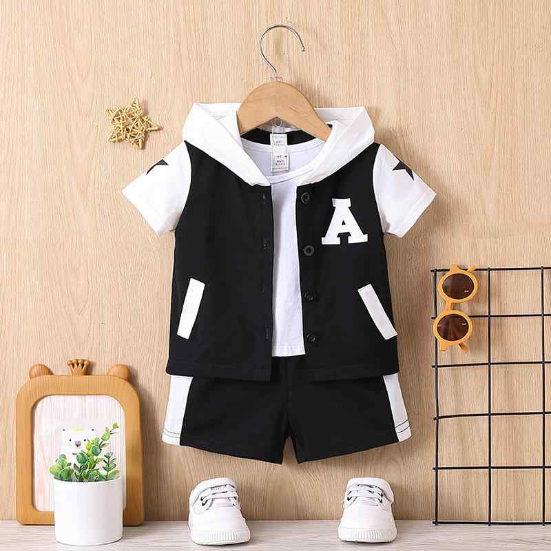 ベビー服 男の子 フード付き 半袖トップス ショートパンツ セットアップ 2点セット 無地 薄手 柔らか 肌触り カジュアル 普段着 お出かけ 春夏 キッズ 子供服 ブラック