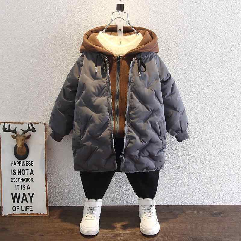 アウター キッズ 男の子 中綿ジャケット 厚手 ミドル丈 フード付き 防寒コート 保温 ブルゾン ジップアップ ポリエステル 通学 普段使い 秋冬 グレー ブラック